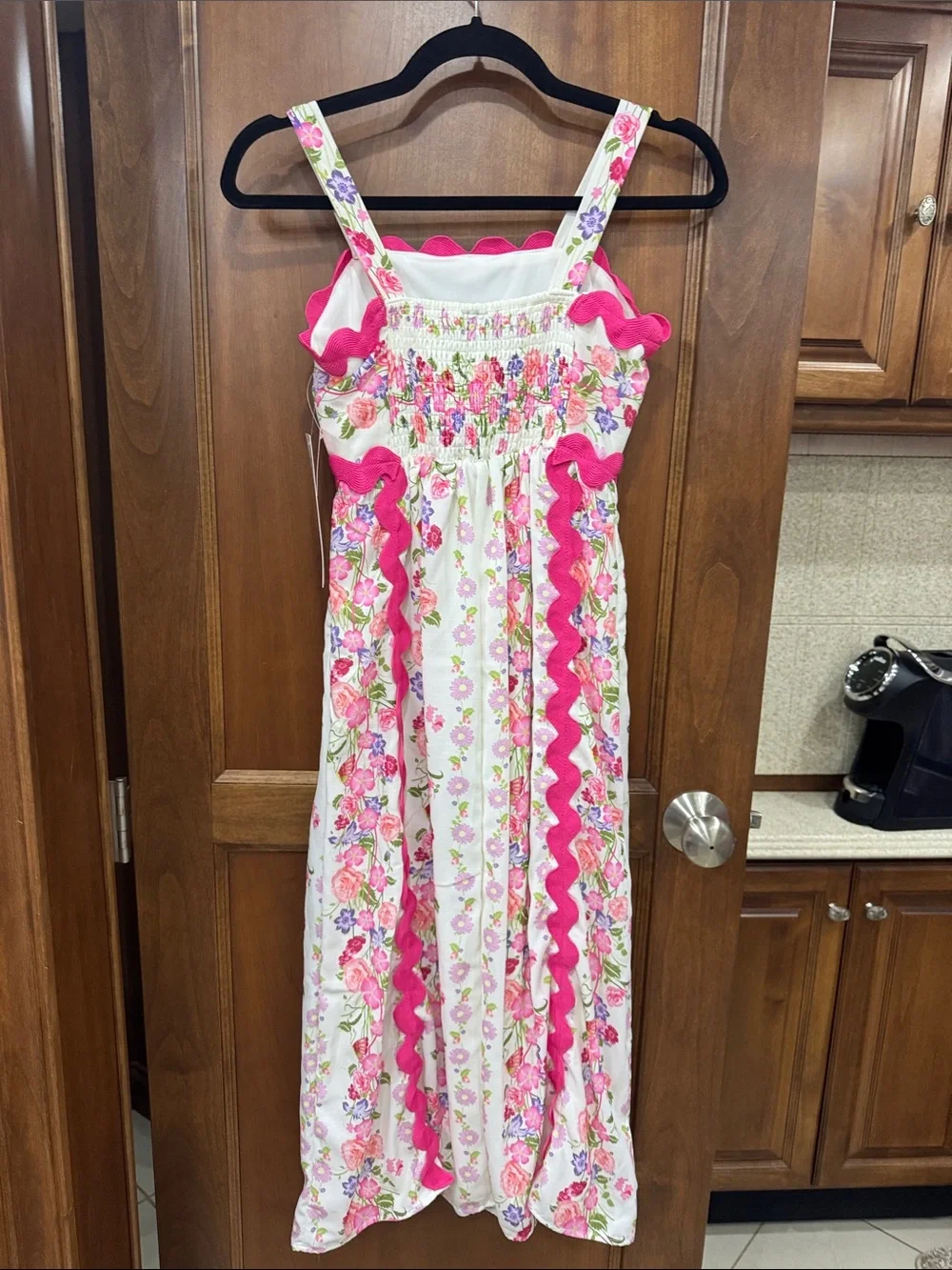 Rare Editions White Floral Maxi Dress with Pink Ric Rac Trim